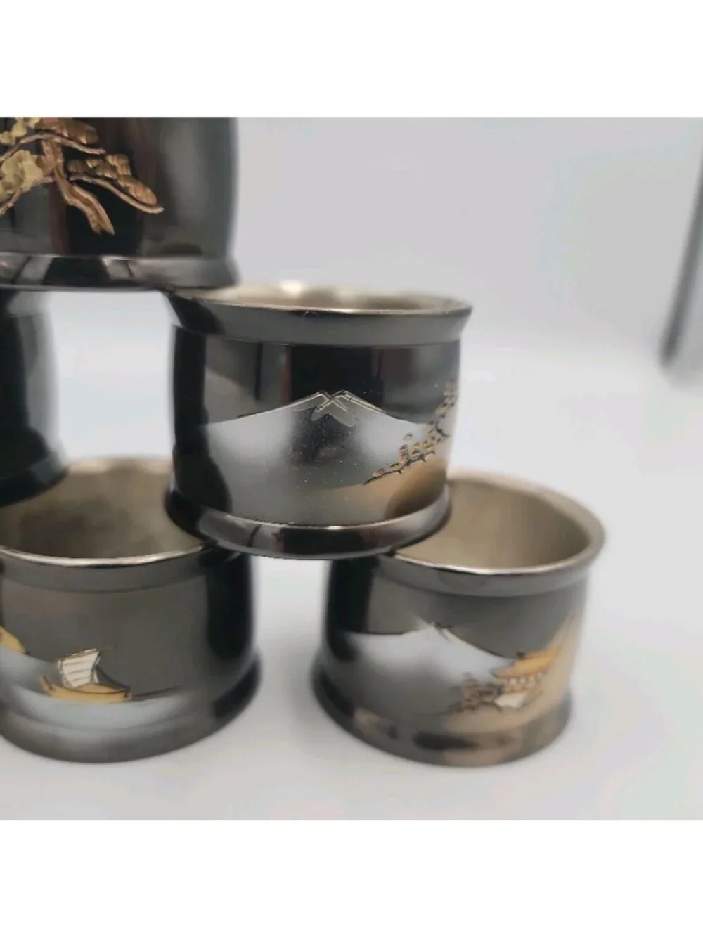 Vintage MCM Japanese Lacquer Pagoda Napkin Rings Set  6 hand painted gold Metal